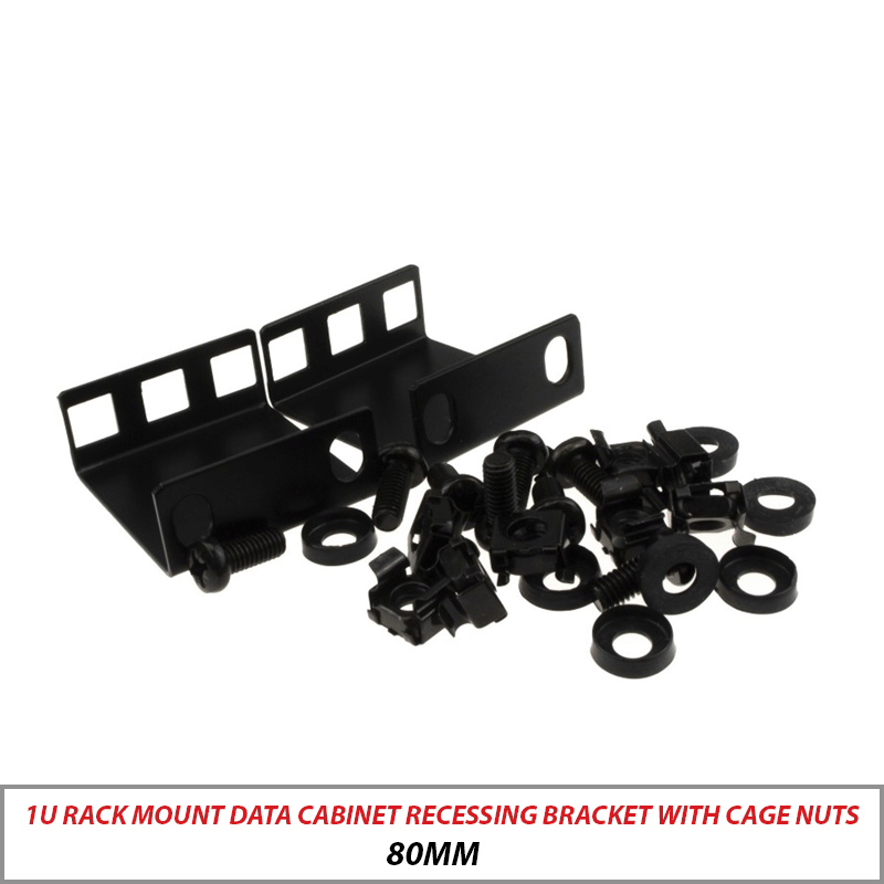 1U RACK MOUNT DATA CABINET RECESSING BRACKET WITH CAGE NUTS 80MM DEEP - CABINET-RACK-1U-80MM