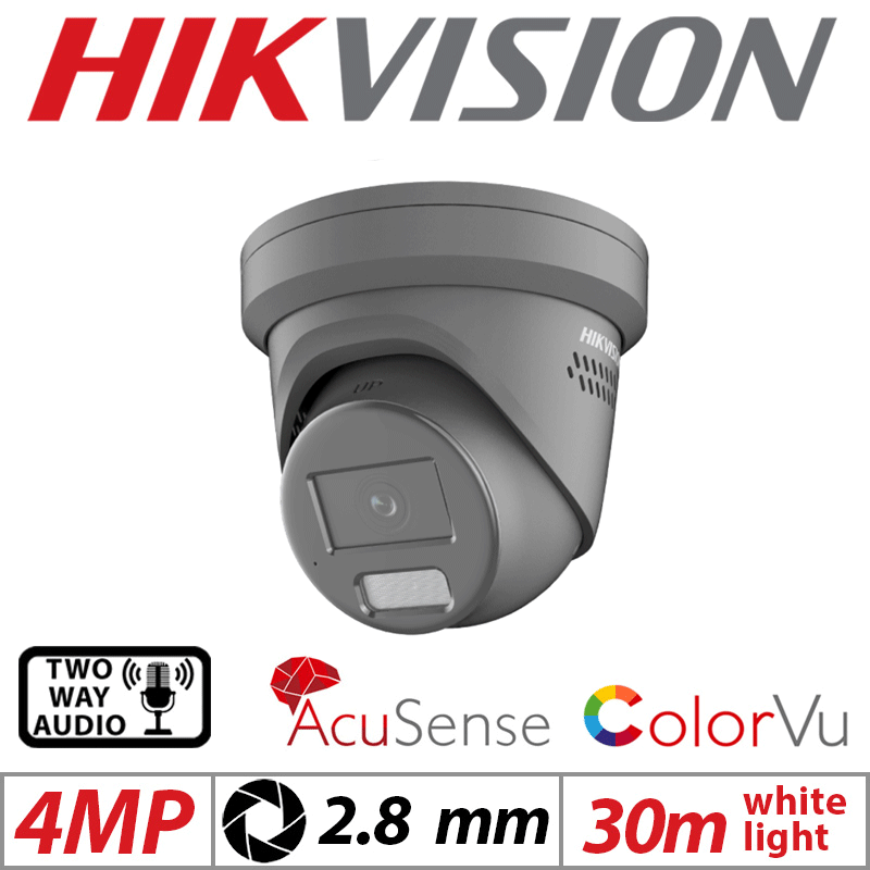 4MP HIKVISION COLORVU ACUSENSE FIXED TURRET IP NETWORK CAMERA WITH 2-WAY AUDIO WARNING AND STROBE LIGHT 2.8MM GERY DS-2CD2347G2-LSU-SL-2.8MM-GREY