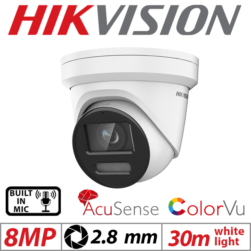 8MP HIKVISION COLORVU ACUSENSE FIXED TURRET IP NETWORK CAMERA WITH BUILT IN MIC 2.8MM WHITE DS-2CD2387G2-LU