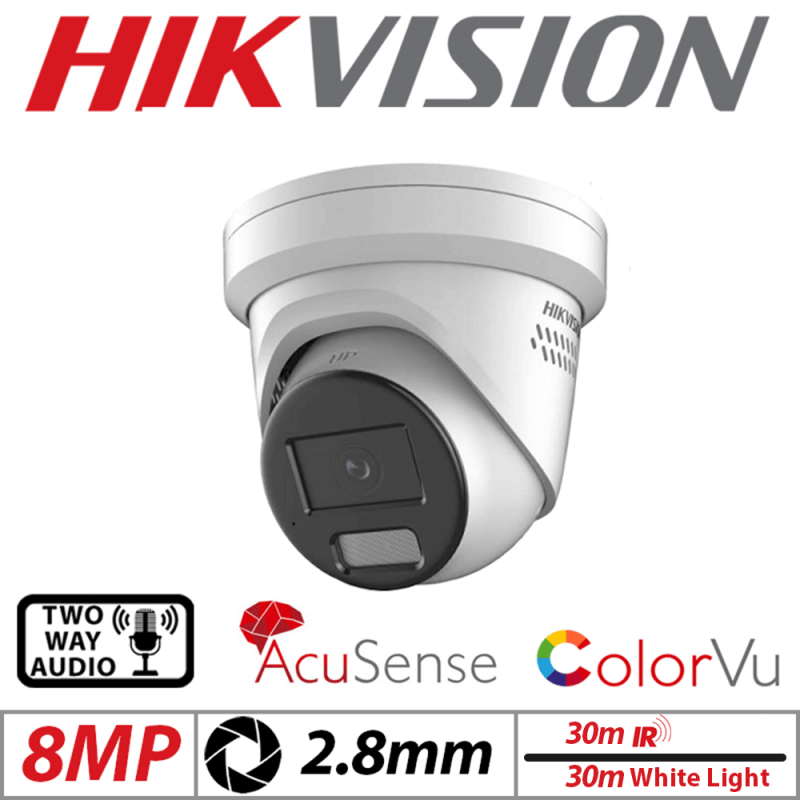 8MP HIKVISION COLORVU ACUSENSE FIXED TURRET IP NETWORK CAMERA WITH  2-WAY AUDIO 2.8MM WHITE DS-2CD2387G2H-LISU-SL-2.8MM-WHITE