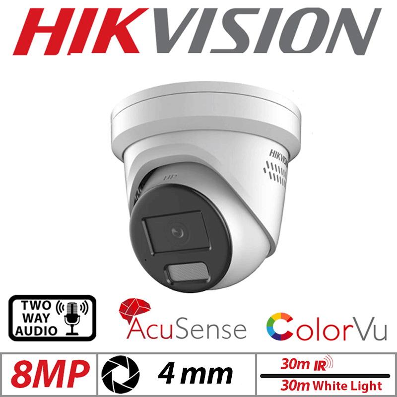 8MP HIKVISION COLORVU ACUSENSE FIXED TURRET IP NETWORK CAMERA WITH  2-WAY AUDIO 4MM WHITE DS-2CD2387G2H-LISU-SL-4MM-WHITE