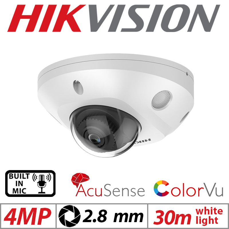 4MP HIKVISION COLORVU ACUSENSE VANDAL RESISTANT DOME IP NETWORK CAMERA WITH BUILT IN MIC 2.8MM WHITE DS-2CD2547G2-LS
