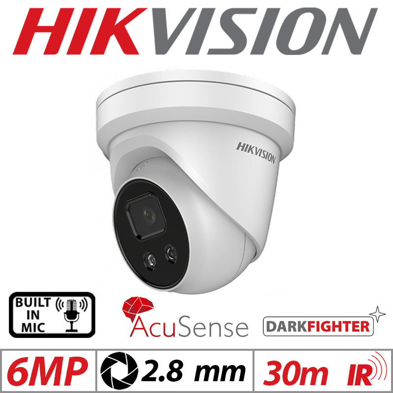 6MP HIKVISION DARKFIGHTER ACUSENSE FIXED TURRET IP NETWORK CAMERA WITH BUILT IN MIC 2.8MM WHITE DS-2CD2366G2-IU