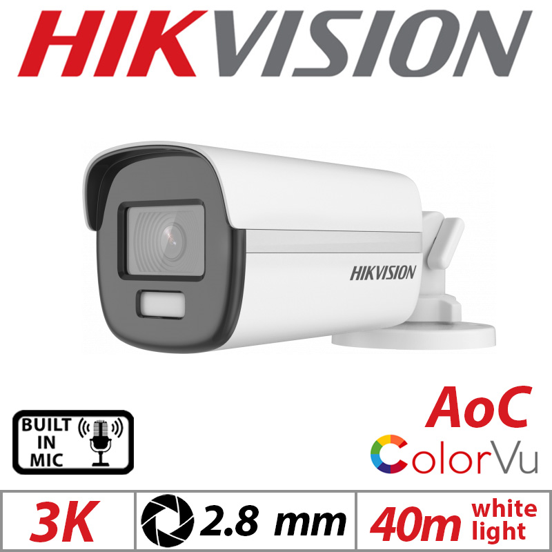 3K HIKVISION 4IN1 AOC COLORVU BULLET CAMERA WITH BUILT IN MIC 2.8MM WHITE G1-DS-2CE12KF0T-FS-2.8MM GRADED ITEM