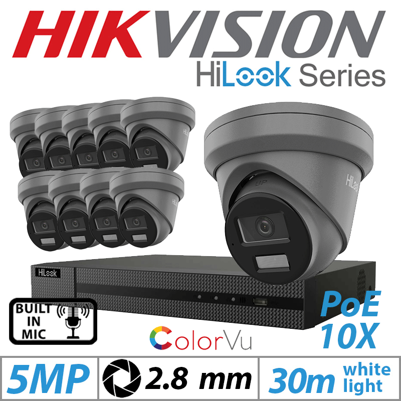 5MP 16CH HIKVISION HILOOK IP KIT - 10X DOME IP POE COLORVU OUTDOOR CAMERA WITH BUILT-IN MIC 2.8MM GREY IPC-T259H-MU(2.8MM)