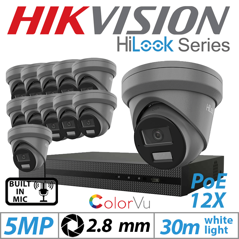 5MP 16CH HIKVISION HILOOK IP KIT - 12X DOME IP POE COLORVU OUTDOOR CAMERA WITH BUILT-IN MIC 2.8MM GREY IPC-T259H-MU(2.8MM)