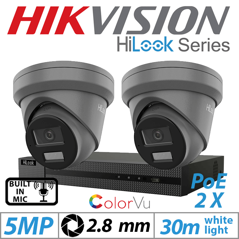 5MP 4CH HIKVISION HILOOK IP KIT - 2X DOME IP POE COLORVU OUTDOOR CAMERA WITH BUILT-IN MIC 2.8MM GREY IPC-T259H-MU(2.8MM)