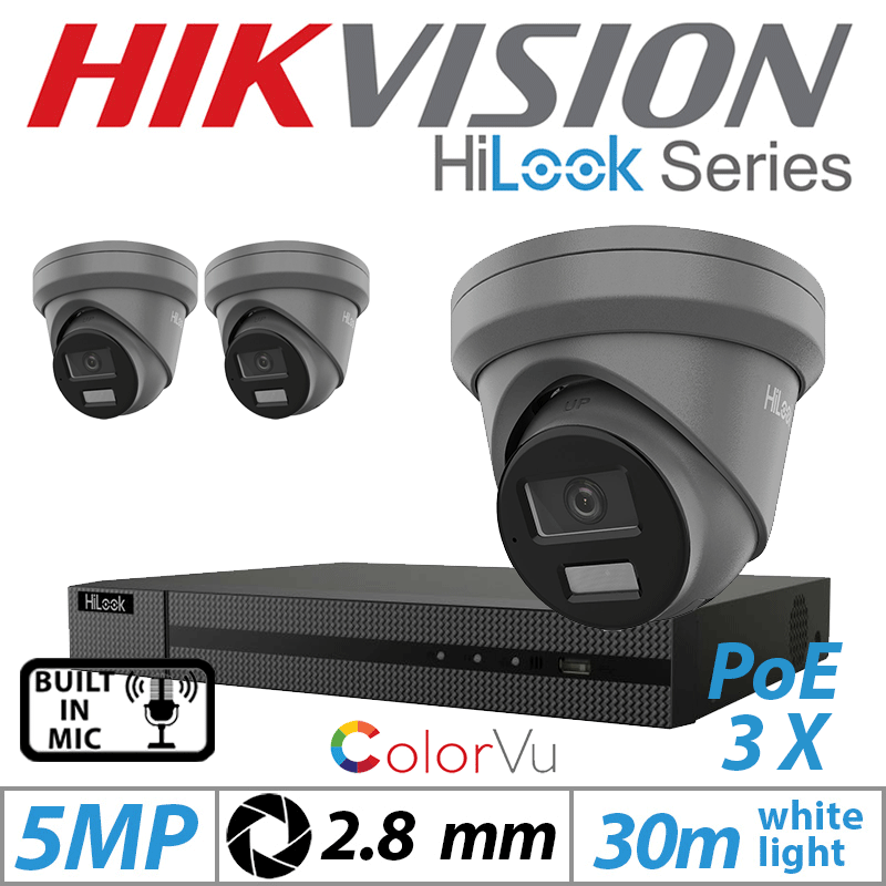 5MP 4CH HIKVISION HILOOK IP KIT - 3X DOME IP POE COLORVU OUTDOOR CAMERA WITH BUILT-IN MIC 2.8MM GREY IPC-T259H-MU(2.8MM)