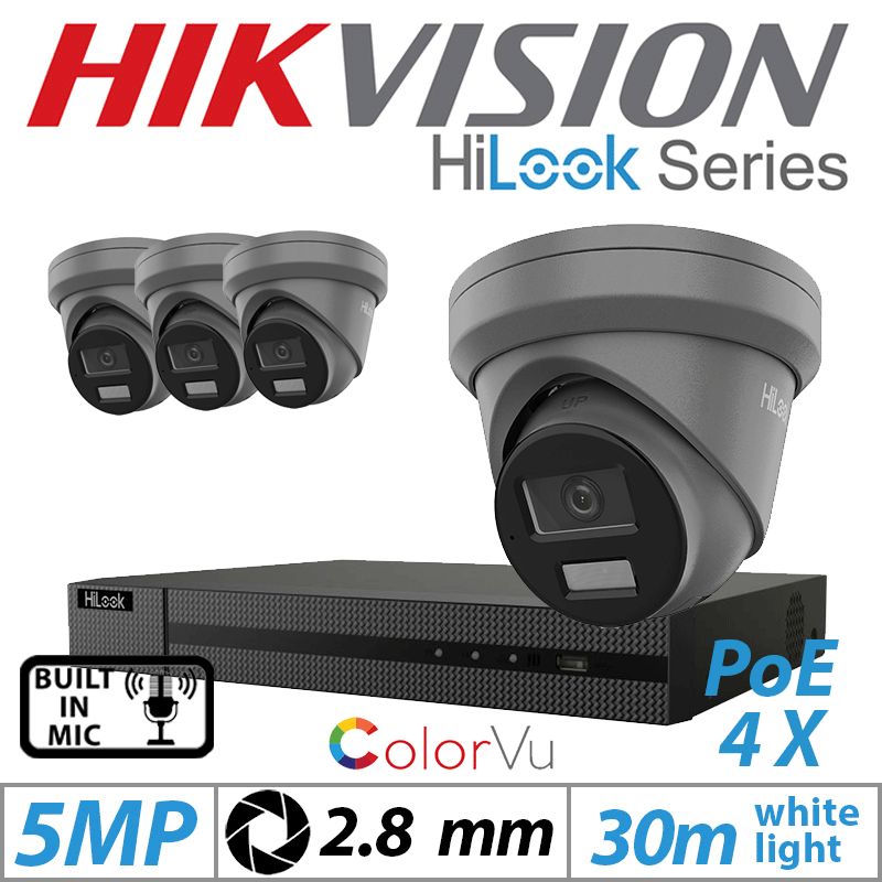 5MP 4CH HIKVISION HILOOK IP KIT - 4X DOME IP POE COLORVU OUTDOOR CAMERA WITH BUILT-IN MIC 2.8MM GREY IPC-T259H-MU(2.8MM)