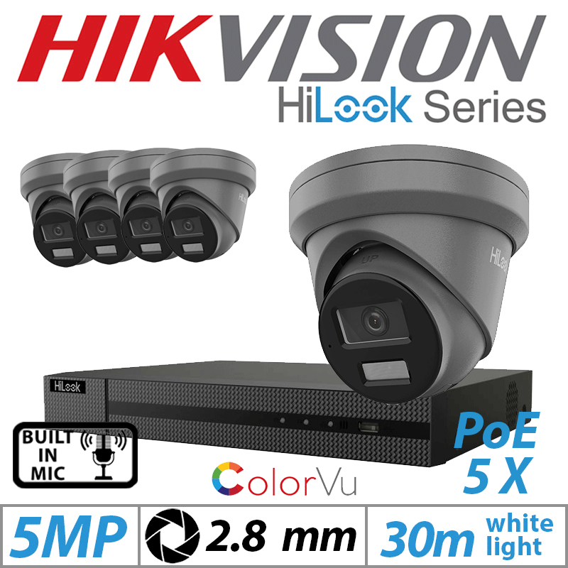 5MP 8CH HIKVISION HILOOK IP KIT - 5X DOME IP POE COLORVU OUTDOOR CAMERA WITH BUILT-IN MIC 2.8MM GREY IPC-T259H-MU(2.8MM)