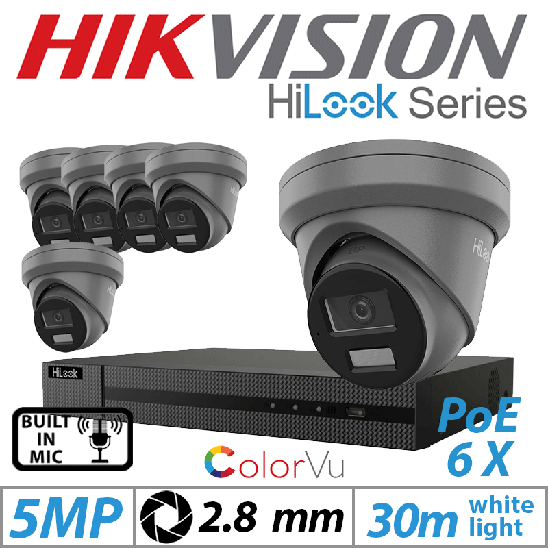 5MP 8CH HIKVISION HILOOK IP KIT - 6X DOME IP POE COLORVU OUTDOOR CAMERA WITH BUILT-IN MIC 2.8MM GREY IPC-T259H-MU(2.8MM)