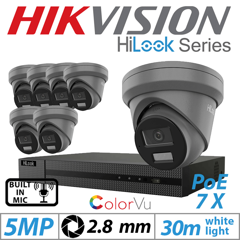 5MP 8CH HIKVISION HILOOK IP KIT - 7X DOME IP POE COLORVU OUTDOOR CAMERA WITH BUILT-IN MIC 2.8MM GREY IPC-T259H-MU(2.8MM)