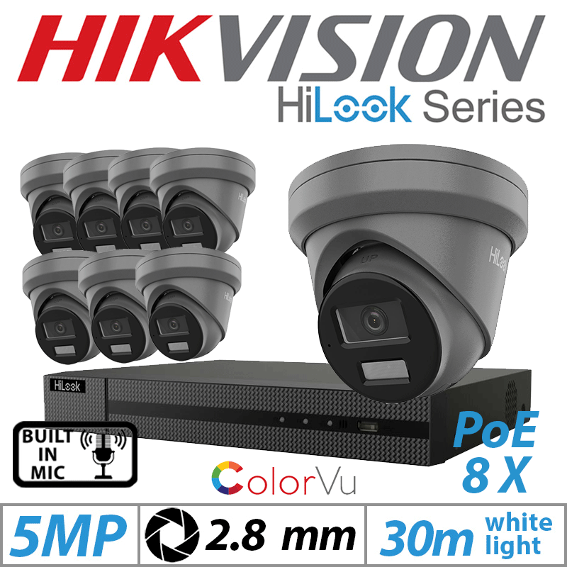5MP 16CH HIKVISION HILOOK IP KIT - 8X DOME IP POE COLORVU OUTDOOR CAMERA WITH BUILT-IN MIC 2.8MM GREY IPC-T259H-MU(2.8MM)