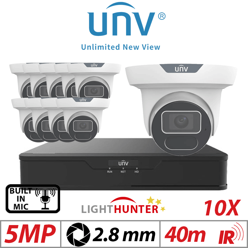 5MP 16CH UNIVIEW IP KIT - 10X LIGHTHUNTER IR FIXED EYEBALL NETWORK CAMERA WITH DEEP LEARNING ARTIFICIAL INTELLIGENCE 2.8MM WHITE IPC3615SS-ADF28K-I1