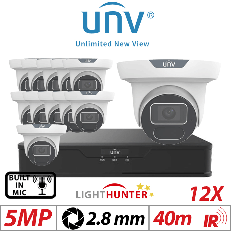 5MP 16CH UNIVIEW IP KIT - 12X LIGHTHUNTER IR FIXED EYEBALL NETWORK CAMERA WITH DEEP LEARNING ARTIFICIAL INTELLIGENCE 2.8MM WHITE IPC3615SS-ADF28K-I1
