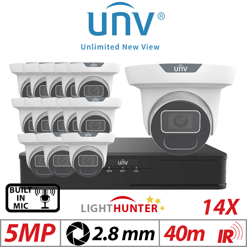 5MP 16CH UNIVIEW IP KIT - 14X LIGHTHUNTER IR FIXED EYEBALL NETWORK CAMERA WITH DEEP LEARNING ARTIFICIAL INTELLIGENCE 2.8MM WHITE IPC3615SS-ADF28K-I1