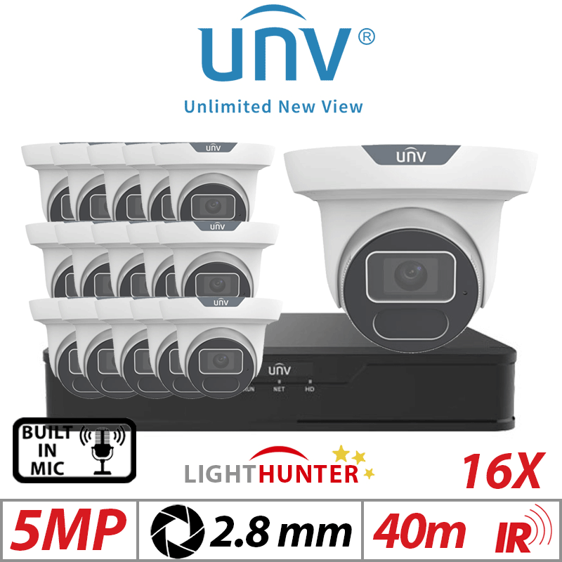 5MP 16CH UNIVIEW IP KIT - 16X LIGHTHUNTER IR FIXED EYEBALL NETWORK CAMERA WITH DEEP LEARNING ARTIFICIAL INTELLIGENCE 2.8MM WHITE IPC3615SS-ADF28K-I1