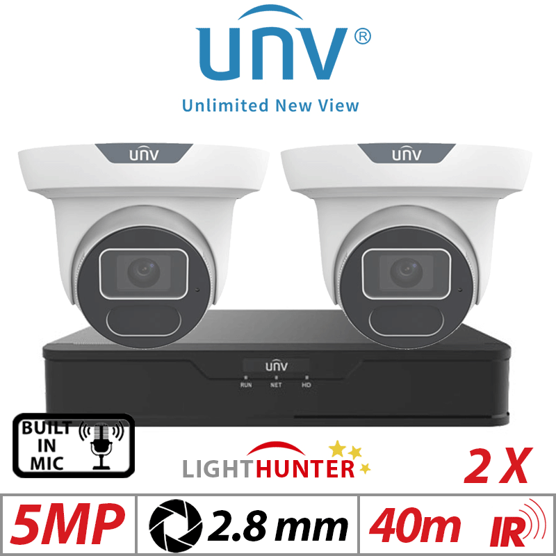 5MP 4CH UNIVIEW IP KIT - 2X LIGHTHUNTER IR FIXED EYEBALL NETWORK CAMERA WITH DEEP LEARNING ARTIFICIAL INTELLIGENCE 2.8MM WHITE IPC3615SS-ADF28K-I1