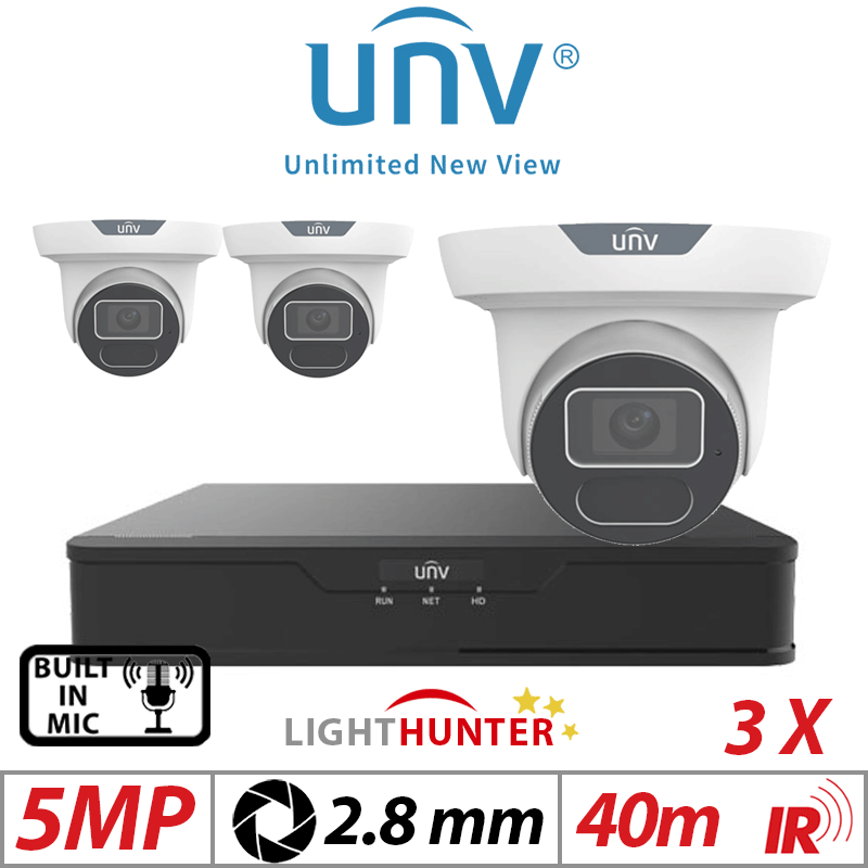 5MP 4CH UNIVIEW IP KIT - 3X LIGHTHUNTER IR FIXED EYEBALL NETWORK CAMERA WITH DEEP LEARNING ARTIFICIAL INTELLIGENCE 2.8MM WHITE IPC3615SS-ADF28K-I1