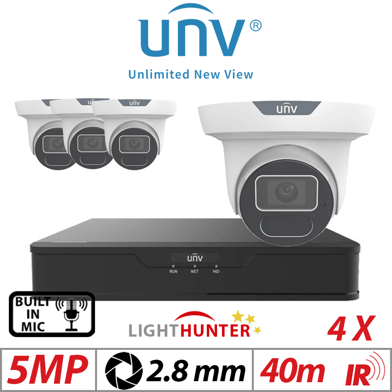 5MP 4CH UNIVIEW IP KIT - 4X LIGHTHUNTER IR FIXED EYEBALL NETWORK CAMERA WITH DEEP LEARNING ARTIFICIAL INTELLIGENCE 2.8MM WHITE IPC3615SS-ADF28K-I1