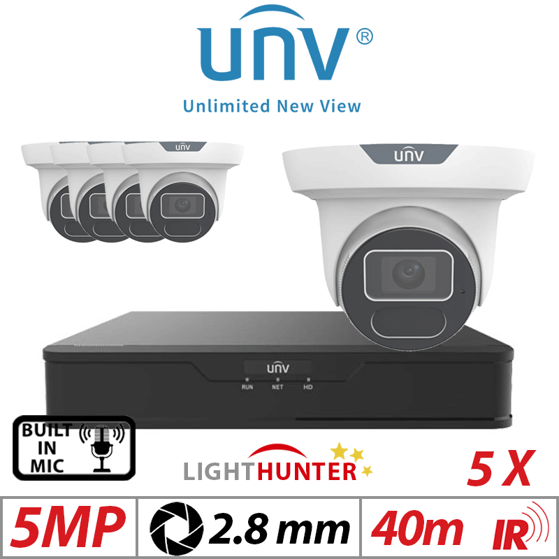 5MP 8CH UNIVIEW IP KIT - 5X LIGHTHUNTER IR FIXED EYEBALL NETWORK CAMERA WITH DEEP LEARNING ARTIFICIAL INTELLIGENCE 2.8MM WHITE IPC3615SS-ADF28K-I1