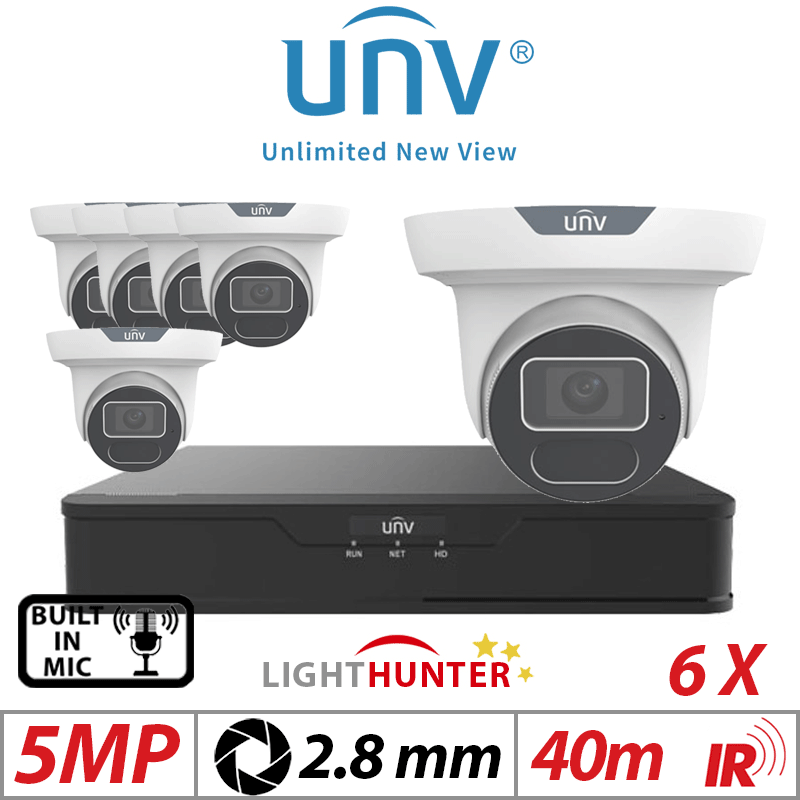 5MP 8CH UNIVIEW IP KIT - 6X LIGHTHUNTER IR FIXED EYEBALL NETWORK CAMERA WITH DEEP LEARNING ARTIFICIAL INTELLIGENCE 2.8MM WHITE IPC3615SS-ADF28K-I1