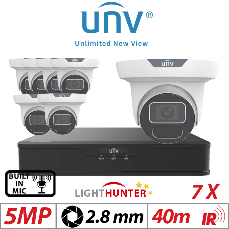 5MP 8CH UNIVIEW IP KIT - 7X LIGHTHUNTER IR FIXED EYEBALL NETWORK CAMERA WITH DEEP LEARNING ARTIFICIAL INTELLIGENCE 2.8MM WHITE IPC3615SS-ADF28K-I1