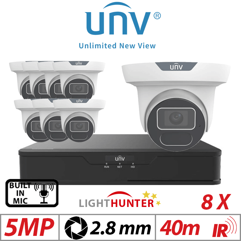 5MP 16CH UNIVIEW IP KIT - 8X LIGHTHUNTER IR FIXED EYEBALL NETWORK CAMERA WITH DEEP LEARNING ARTIFICIAL INTELLIGENCE 2.8MM WHITE IPC3615SS-ADF28K-I1