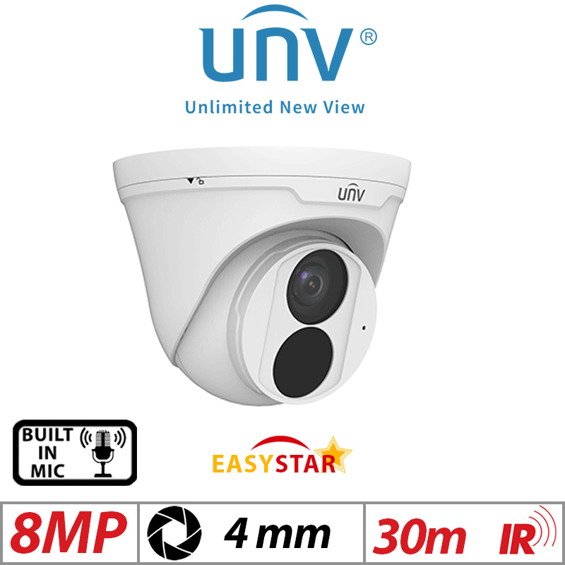 ‌‌8MP UNIVIEW HD EASYSTAR TURRET NETWORK CAMERA WITH BUILT IN MIC 4MM IPC3618LE-ADF40K-G