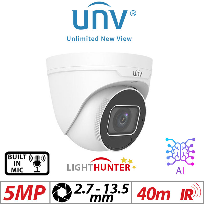 5MP UNIVIEW HD INTELLIGENT LIGHTHUNTER TURRET NETWORK CAMERA WITH BUILT IN MIC AND VARIFOCAL MOTORIZED ZOOM 2.7-13.5MM AND DEEP LEARNING ARTIFICIAL INTELLIGENCE  WHITE GRADED ITEM G1-UNV-IPC3635SB-ADZK-I0