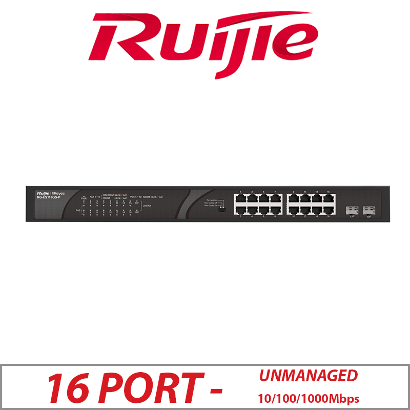 16 PORT RUIJIE 10/100/1000MBPS UNMANAGED POE SWITCH RG-ES118GS-P