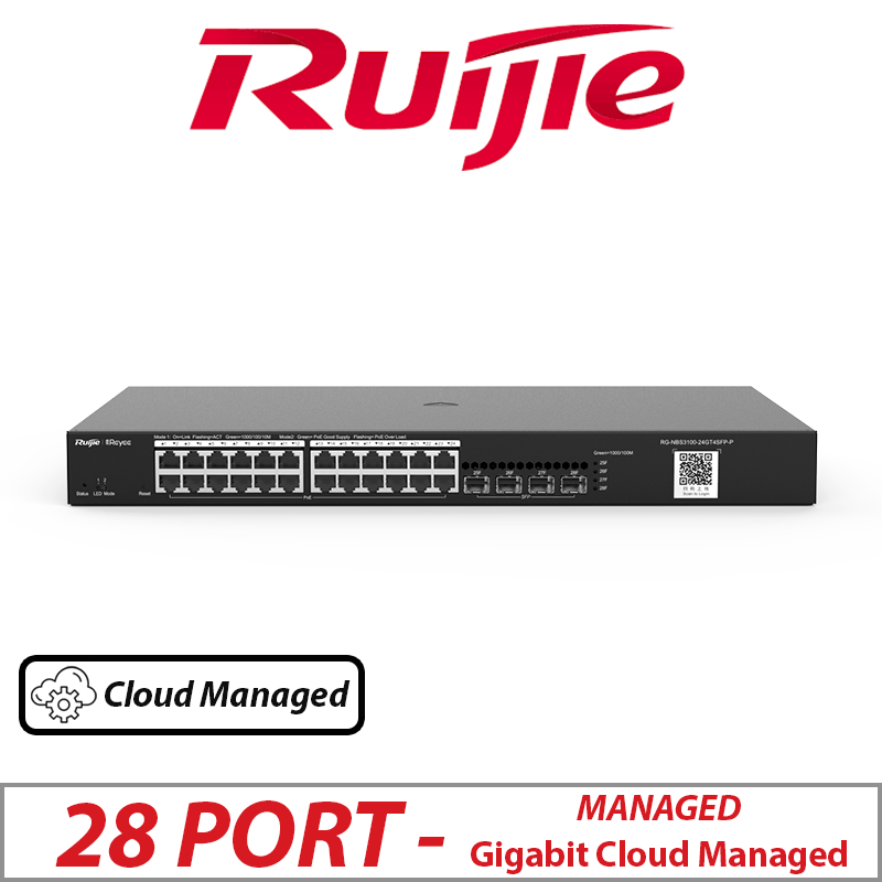 28 PORT RUIJIE GIGABIT LAYER 2 CLOUD MANAGED POE SWITCH IPV 6 SUPPORTED RG-NBS3100-24GT4SFP-P