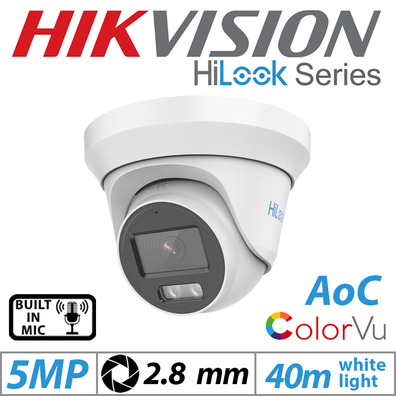 5MP-3K HIKVISION HILOOK COLORVU DOME OUTDOOR AOC CAMERA WITH BUILT IN MIC 2.8MM WHITE THC-T259-MS GRADED ITEM