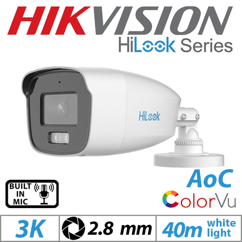 3K HIKVISION HILOOK COLORVU BULLET AOC CAMERA WITH BUILT IN MIC 2.8MM WHITE THC-B259-MS
