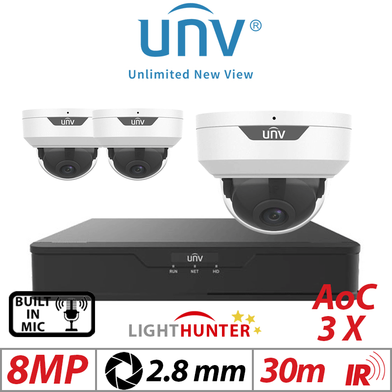 8MP 4CH UNIVIEW - 3X LIGHTHUNTER FIXED DOME ANALOG CAMERA WITH BUILT-IN MIC 2.8MM WHITE UAC-D128-ADF28MS