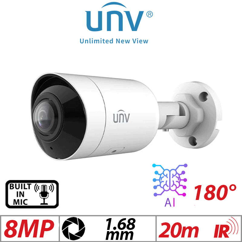 8MP UNIVIEW HD WIDE ANGLE INTELLIGENT IR FIXED BULLET NETWORK CAMERA WITH BUILT IN MIC AND DEEP LEARNING ARTIFICIAL INTELLIGENCE 1.68MM GRADED ITEM G1-UNV-IPC2108SB-ADF16KM-I0