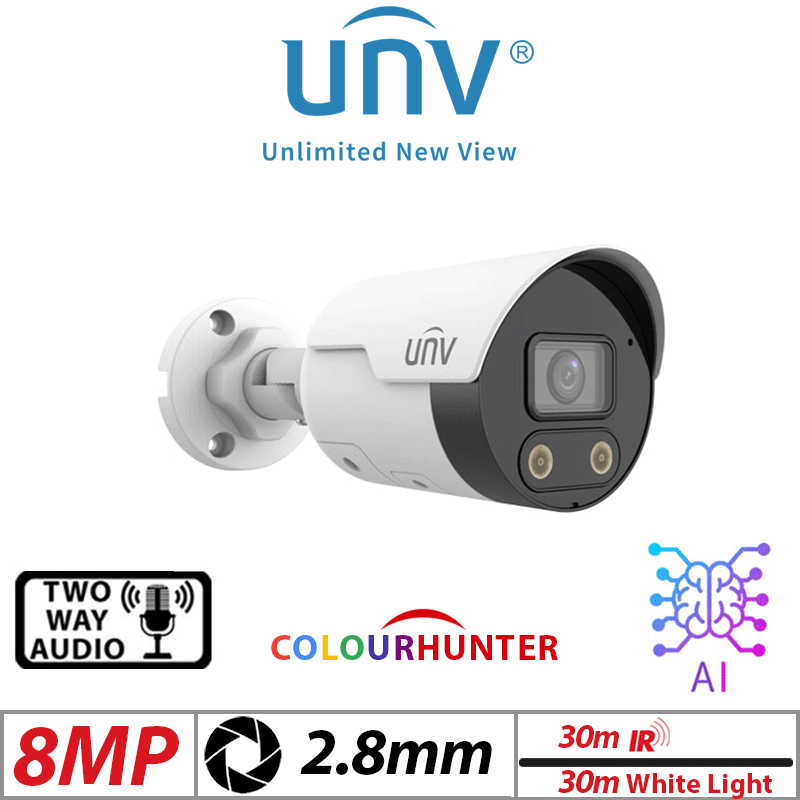 8MP 4K UNIVIEW HD INTELLIGENT LIGHT AND AUDIBLE WARNING BULLET NETWORK CAMERA WITH BUILT IN MIC 2.8MM IPC2128SB-ADF28KMC-I0