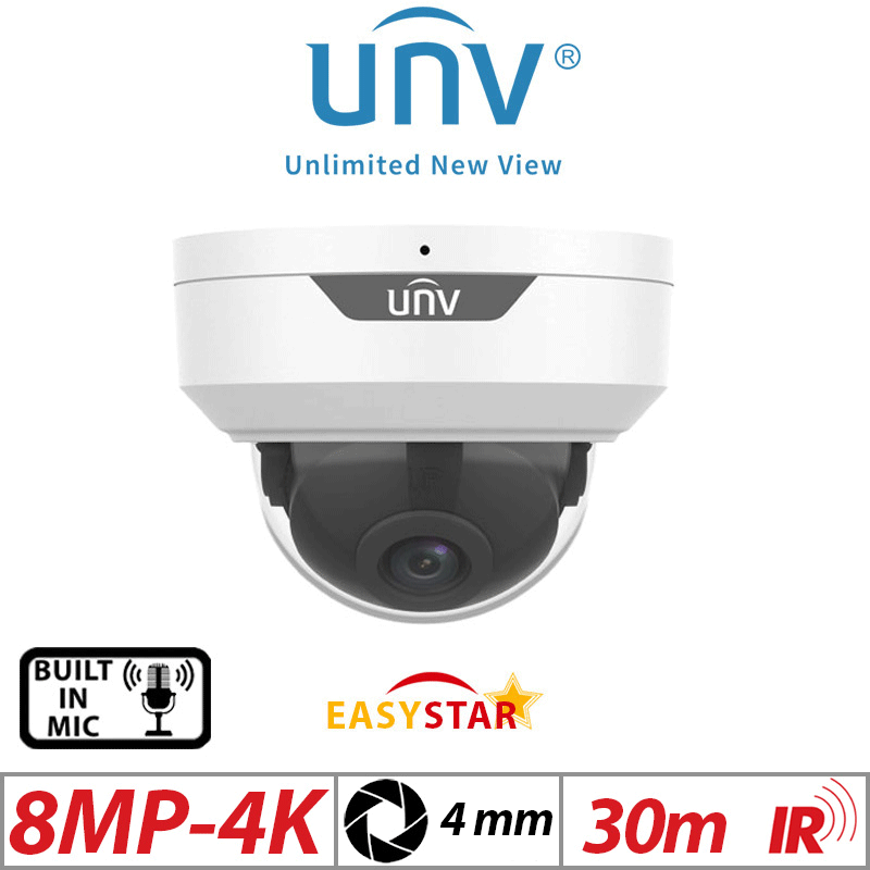 8‌MP 4K UNIVIEW HD VANDAL-RESISTANT IR FIXED DOME NETWORK CAMERA BUILT IN MIC 4MM GRADED ITEM G1-UNV-IPC328LE-ADF40K-G
