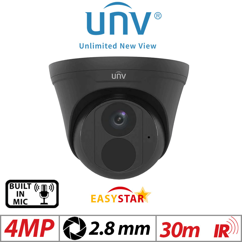 ‌‌4MP UNIVIEW HD EASYSTAR TURRET NETWORK CAMERA WITH BUILT IN MIC BLACK 2.8MM UIPC3614LE-ADF28K-G1-BLACK
