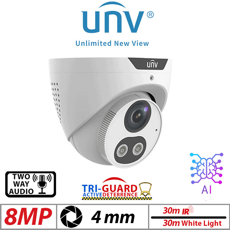 ‌‌8MP UNIVIEW TRI-GUARD COLORHUNTER - 24/7 COLOUR - HD IR TURRET NETWORK CAMERA WITH LIGHT, AUDIBLE WARNING AND DEEP LEARNING ARTIFICIAL INTELLIGENCE 4MM IPC3618SB-ADF40KMC-I0