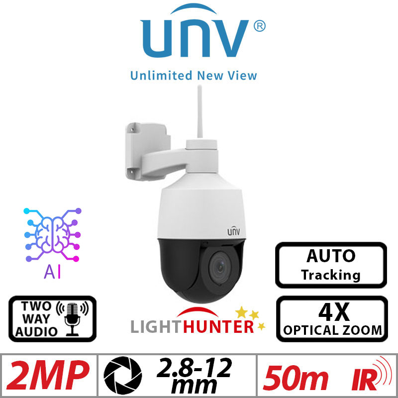‌‌‌2MP UNIVIEW LIGHTHUNTER 4X OPTICAL ZOOM WI-FI AUTO TRACKING NETWORK PTZ CAMERA WITH DEEP LEARNING ARTIFICIAL INTELLIGENCE AND 2 WAY AUDIO 2.8-12MM IPC6312LR-AX4W-VG