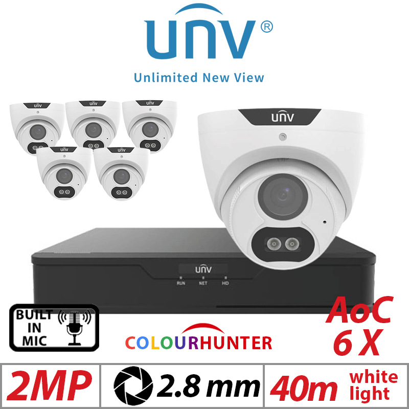 2MP 8CH UNIVIEW  KIT - 6X COLORHUNTER - 24/7 COLOR IMAGES - BUILT-IN MIC - HD FIXED TURRET ANALOG CAMERA WHITE 2.8MM UAC-T122-AF28M-W