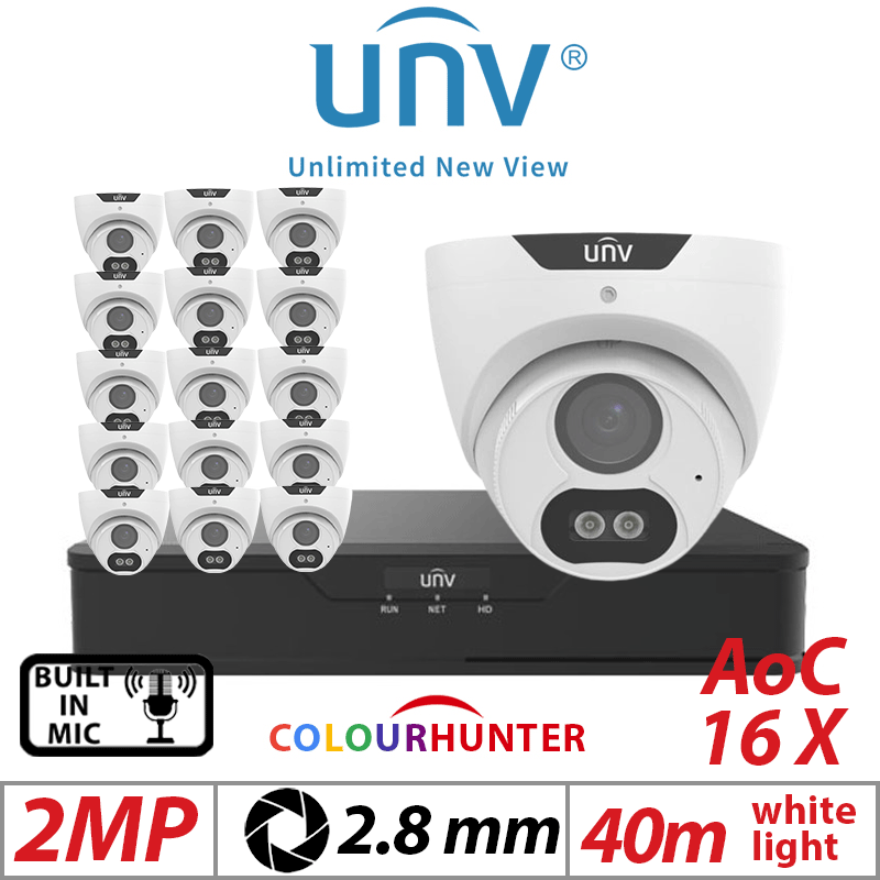 2MP 16CH UNIVIEW  KIT - 16X COLORHUNTER - 24/7 COLOR IMAGES - BUILT-IN MIC - HD FIXED TURRET ANALOG CAMERA WHITE 2.8MM UAC-T122-AF28M-W