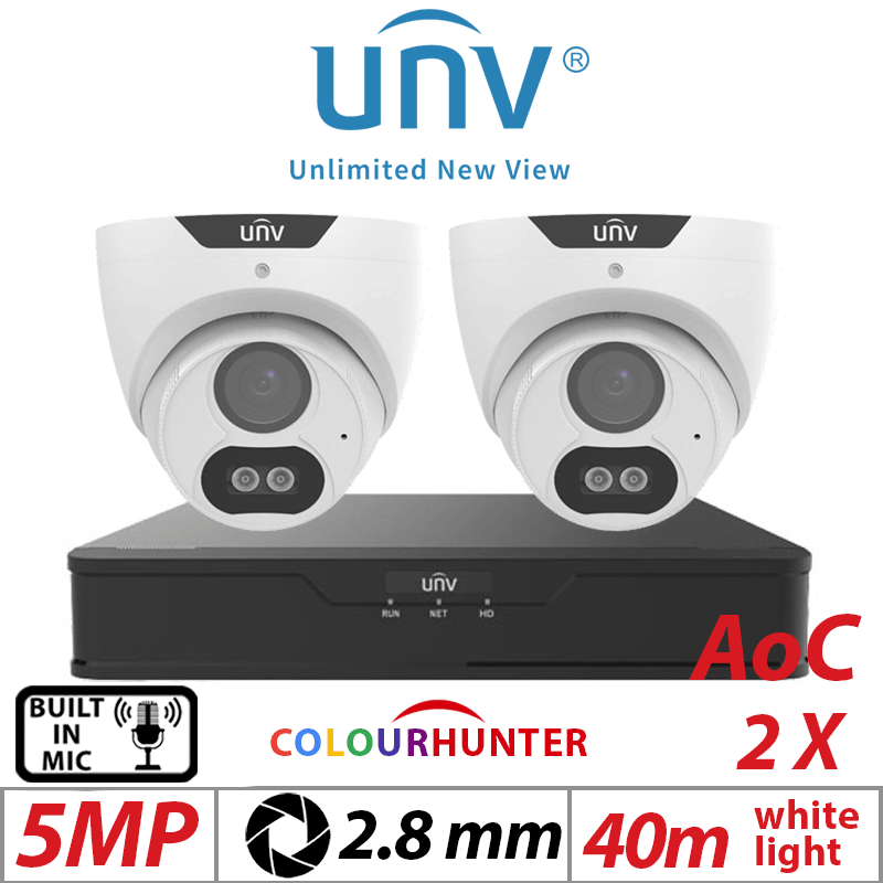 5MP 4CH UNIVIEW KIT - 2X COLOURTHUNTER FIXED TURRET ANALOG CAMERA 2.8MM UAC-T125-AF28M-W