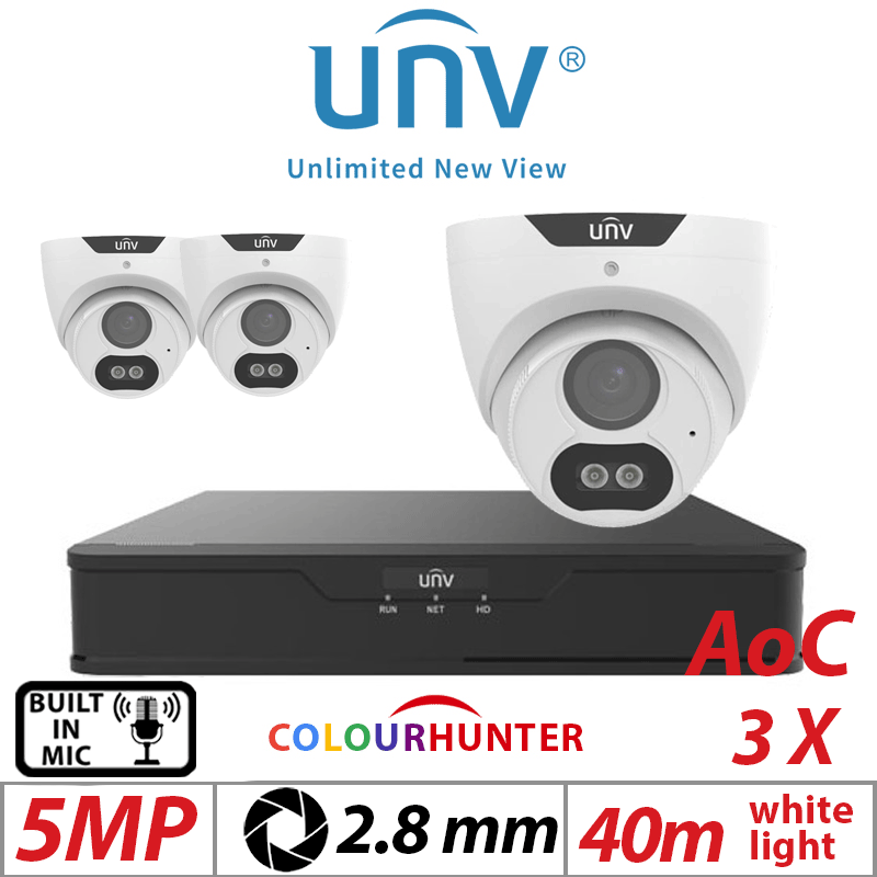 5MP 4CH UNIVIEW KIT - 3X COLOURTHUNTER FIXED TURRET ANALOG CAMERA 2.8MM UAC-T125-AF28M-W