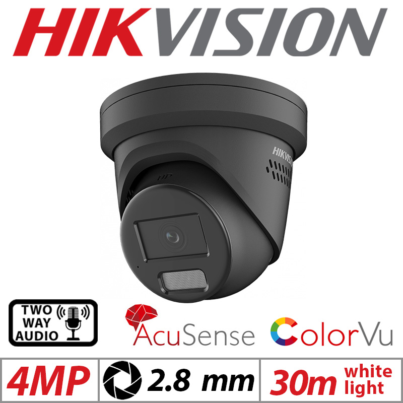 4MP HIKVISION COLORVU ACUSENSE FIXED TURRET IP NETWORK CAMERA WITH 2-WAY AUDIO WARNING AND STROBE LIGHT 2.8MM BLACK DS-2CD2347G2-LSU-SL