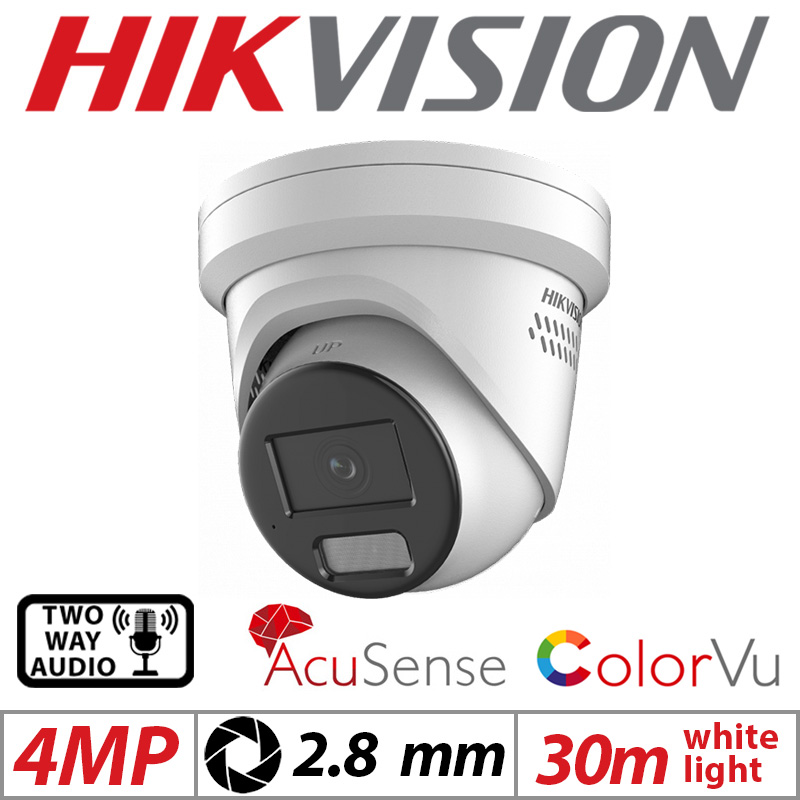4MP HIKVISION COLORVU ACUSENSE FIXED TURRET IP NETWORK CAMERA WITH 2-WAY AUDIO WARNING AND STROBE LIGHT 2.8MM WHITE DS-2CD2347G2-LSU/SL(2.8MM)