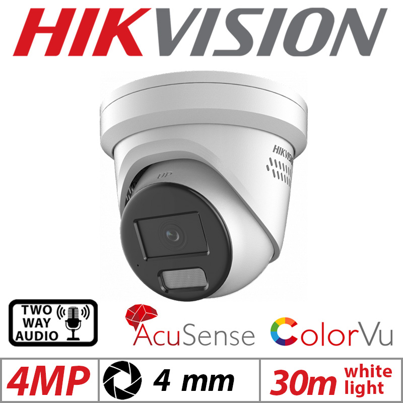 4MP HIKVISION COLORVU ACUSENSE FIXED TURRET IP NETWORK CAMERA WITH 2-WAY AUDIO WARNING AND STROBE LIGHT 4MM WHITE GRADED ITEM G1-DS-2CD2347G2-LSU-SL-4MM-WHITE