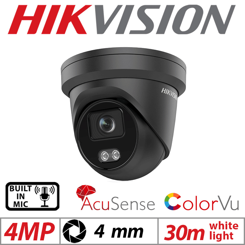 4MP HIKVISION COLORVU ACUSENSE FIXED TURRET IP NETWORK CAMERA WITH BUILT IN MIC 4MM BLACK DS-2CD2347G2-LU-4MM-BLACK