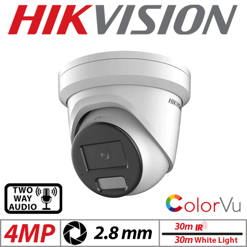 4 MP HIKVISION COLORVU FIXED TURRET IP NETWORK CAMERA WITH TWO-WAY AUDIO & SMART HYBRID LIGHT 2.8MM WHITE DS-2CD2347G2H-LISU-SL-2.8mm-WHITE